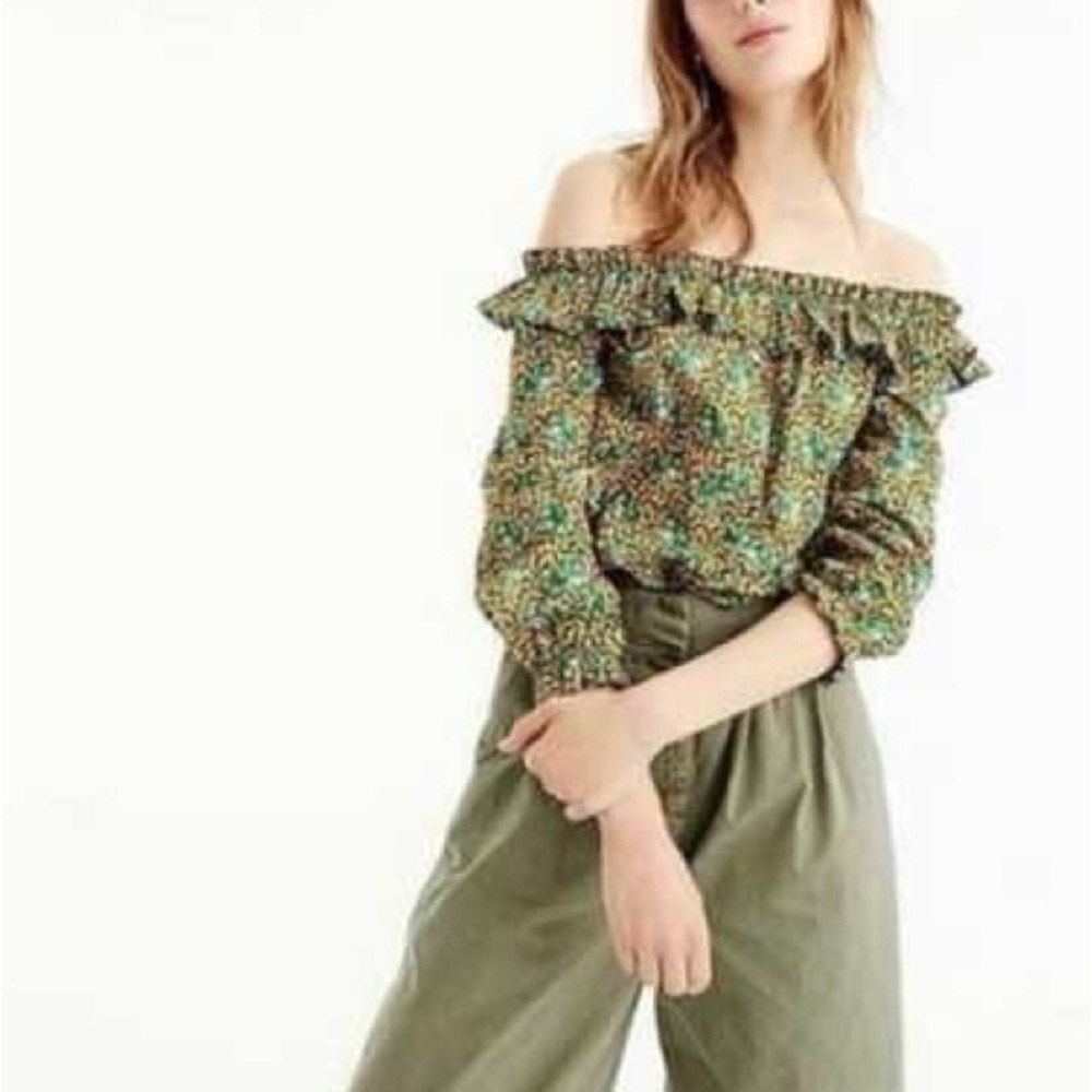 J.Crew Ratti Elephant Print Ruffle Off-the-Shoulder Blouse - Picture 3 of 5